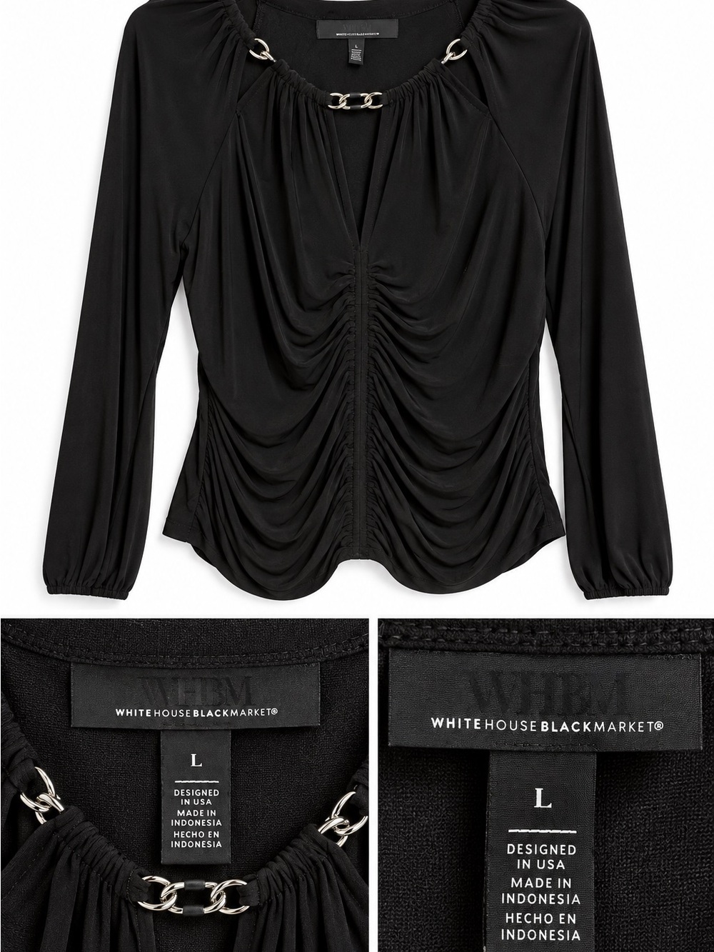 White House Black Market Black Chain-Detail Ruched Long-Sleeve Blouse